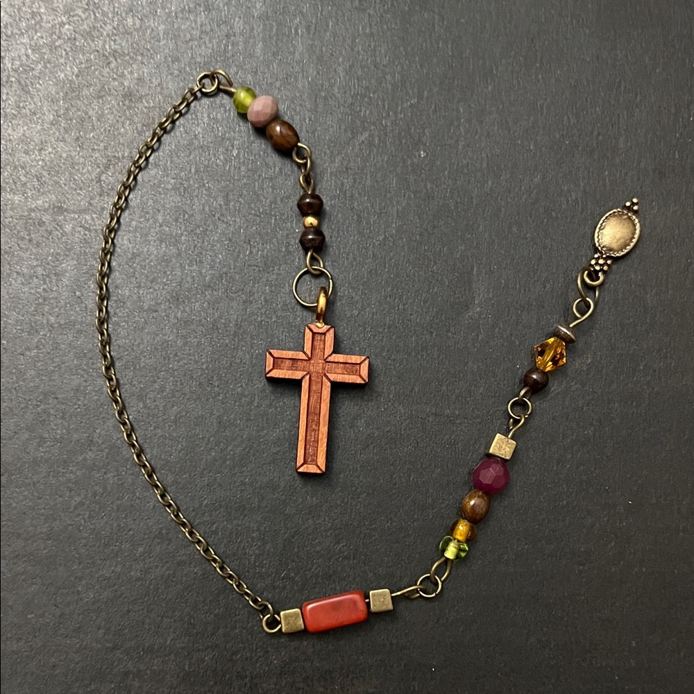Beaded Chain with Wooden Cross charm/pendulum handmade